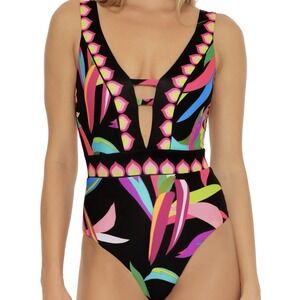 Trina Turk Size 6 Birds of Paradise Plunge One Piece Lined Padded Swimsuit